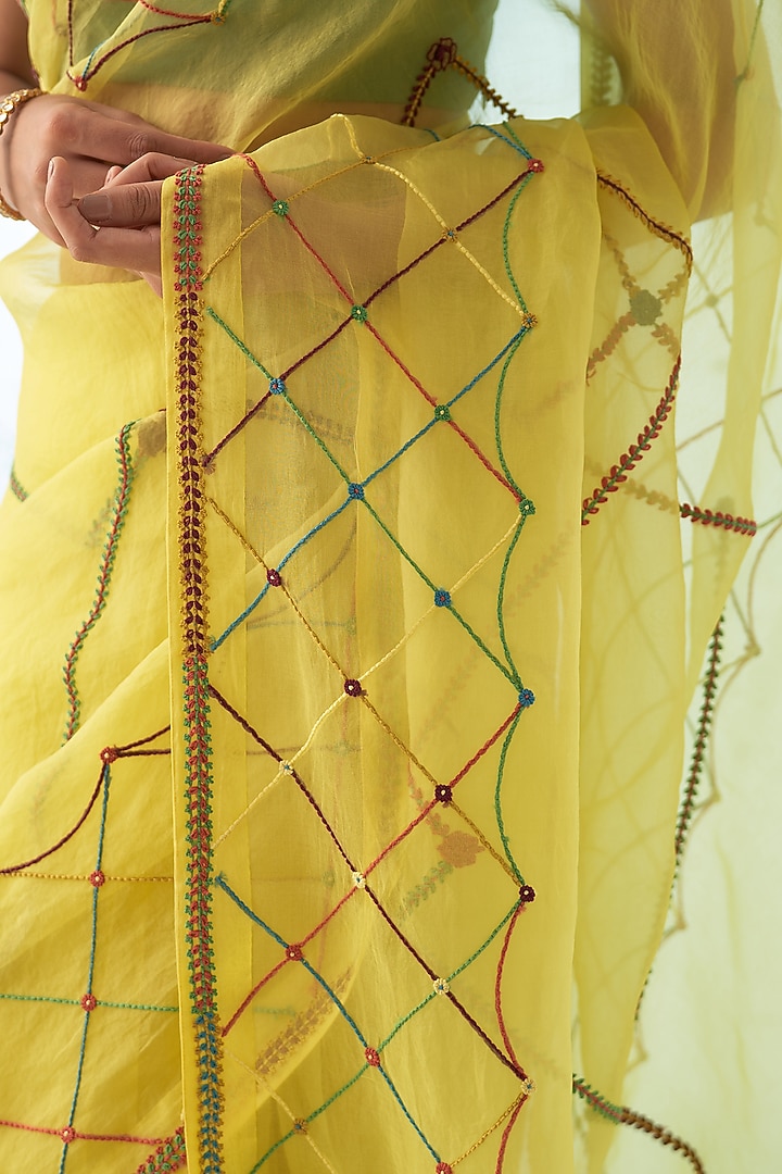 Yellow Organza Hand Work Wedding Saree Set by JANKI INDIA at Pernia's Pop Up Shop