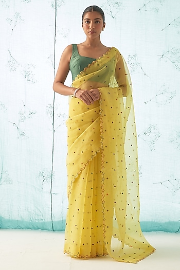 Yellow Organza Hand Work Wedding Saree Set by JANKI INDIA at Pernia's Pop Up Shop