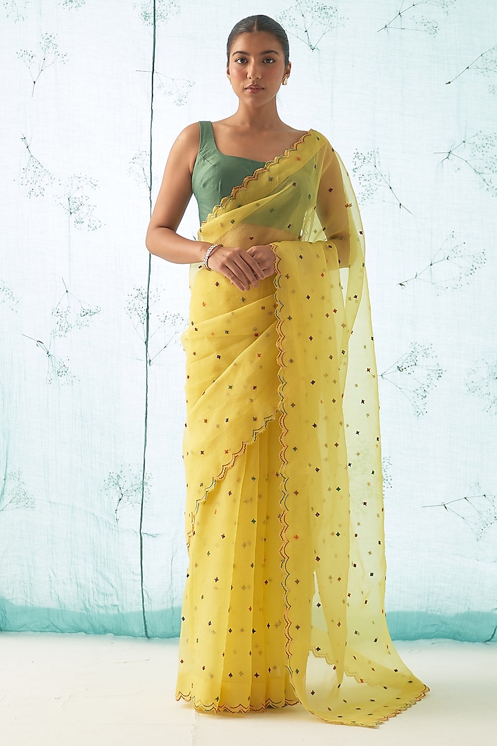 Yellow Organza Hand Work Saree Set by JANKI INDIA at Pernia's Pop Up Shop