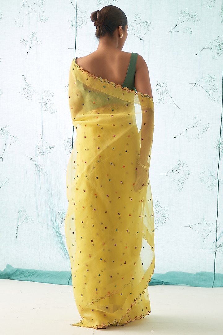 Yellow Organza Hand Work Wedding Saree Set by JANKI INDIA at Pernia's Pop Up Shop