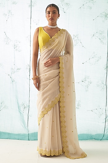 Ivory Chanderi Hand Work Wedding Saree Set by JANKI INDIA at Pernia's Pop Up Shop