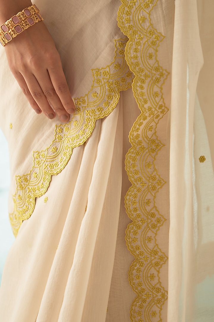 Ivory Chanderi Hand Work Wedding Saree Set by JANKI INDIA at Pernia's Pop Up Shop