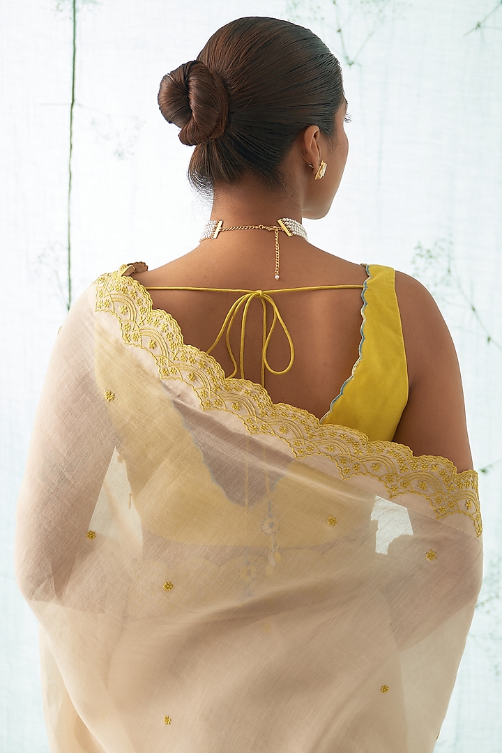 Ivory Chanderi Hand Work Wedding Saree Set by JANKI INDIA at Pernia's Pop Up Shop