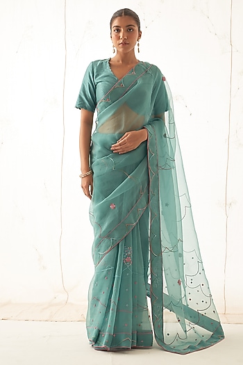 Teal Organza Hand Work Wedding Saree Set by JANKI INDIA at Pernia's Pop Up Shop