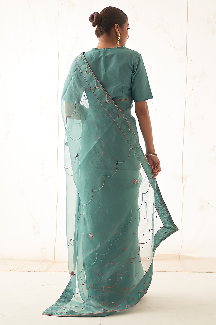 Teal Organza Hand Work Wedding Saree Set by JANKI INDIA at Pernia's Pop Up Shop