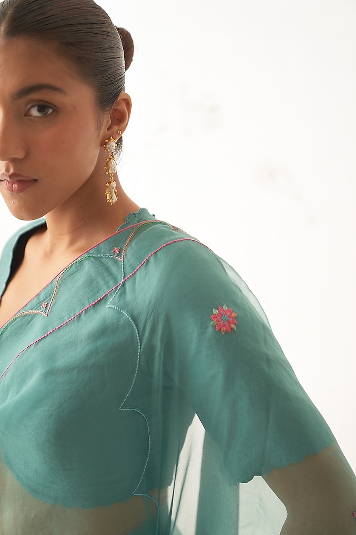 Teal Organza Hand Work Wedding Saree Set by JANKI INDIA at Pernia's Pop Up Shop