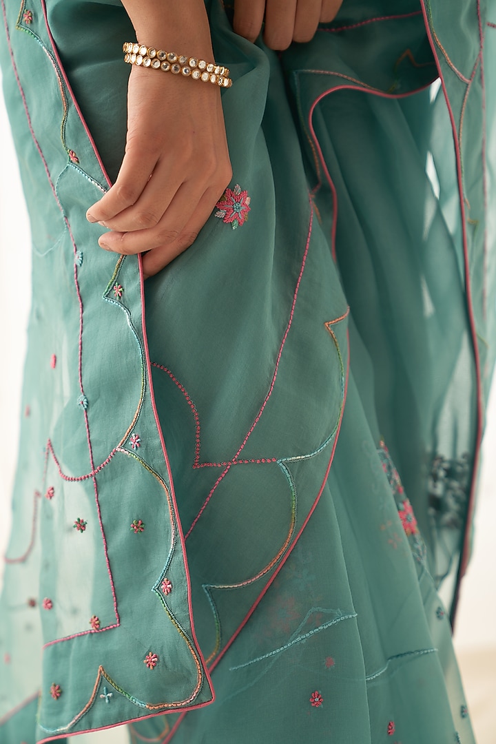 Teal Organza Hand Work Wedding Saree Set by JANKI INDIA at Pernia's Pop Up Shop