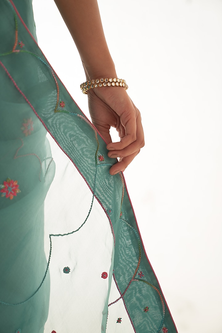 Teal Organza Hand Work Wedding Saree Set by JANKI INDIA at Pernia's Pop Up Shop