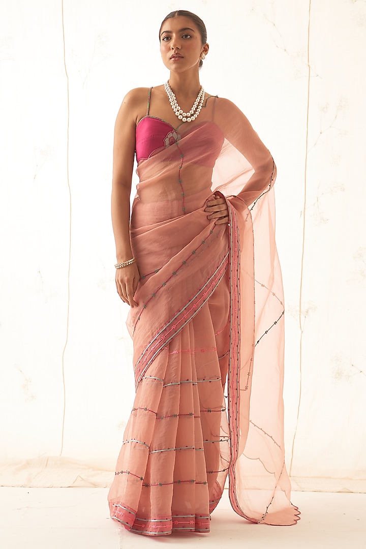 Peach Organza Hand Work Wedding Saree Set by JANKI INDIA at Pernia's Pop Up Shop