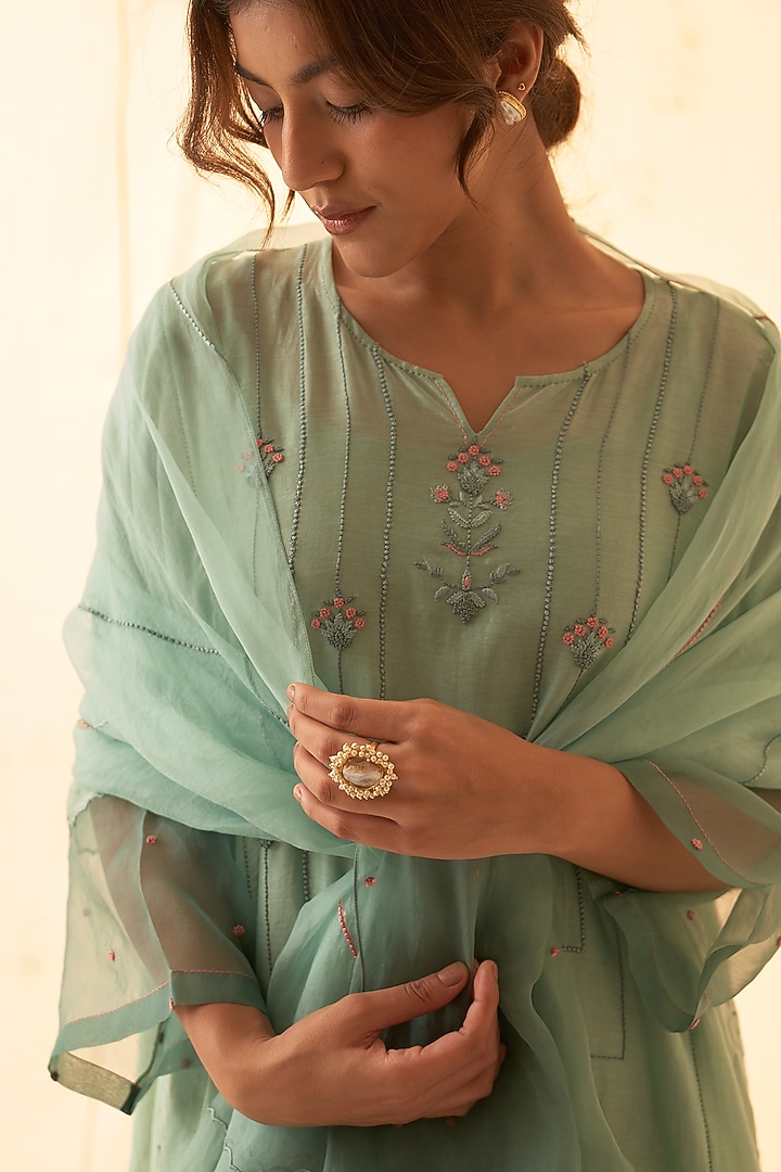 Aqua Chanderi Hand Work Kurta Set by JANKI INDIA at Pernia's Pop Up Shop