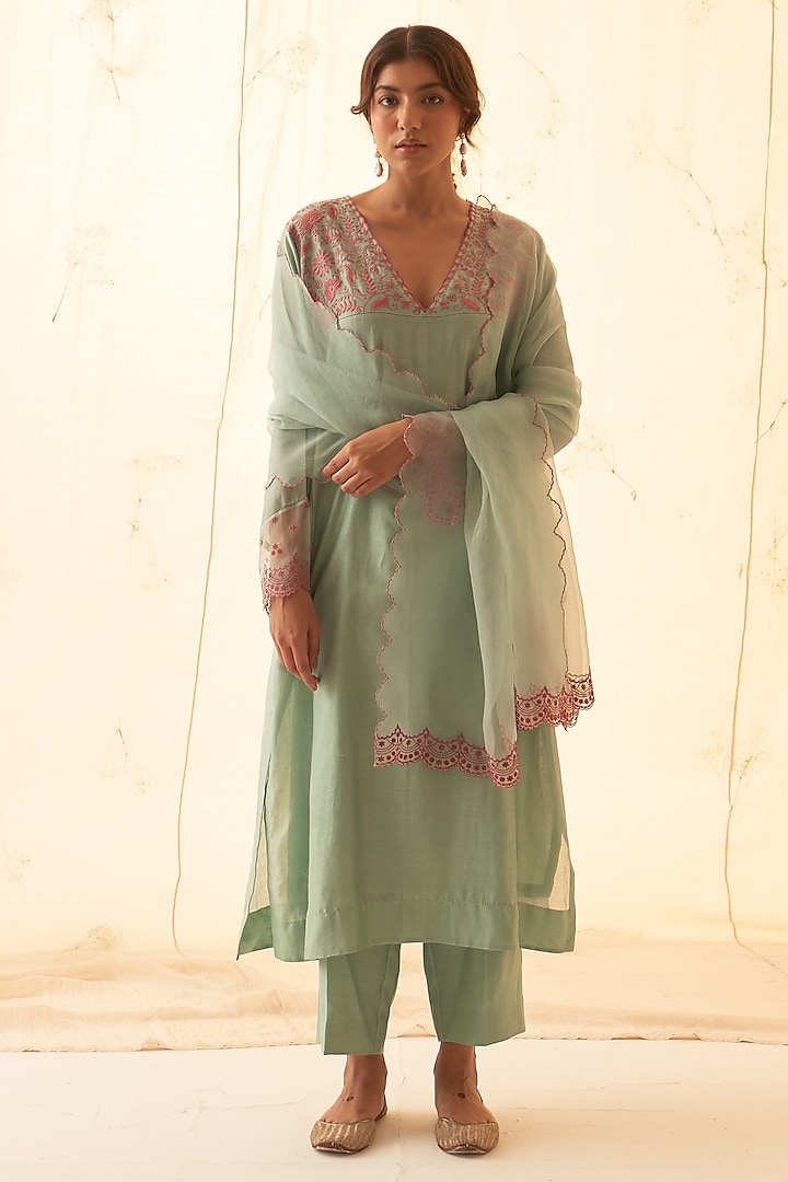 Aqua Blue Chanderi Hand Work Kurta Set by JANKI INDIA at Pernia's Pop Up Shop