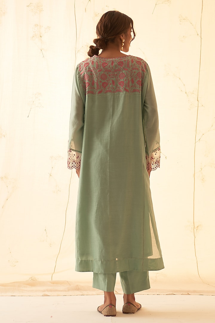 Aqua Blue Chanderi Hand Work Kurta Set by JANKI INDIA at Pernia's Pop Up Shop