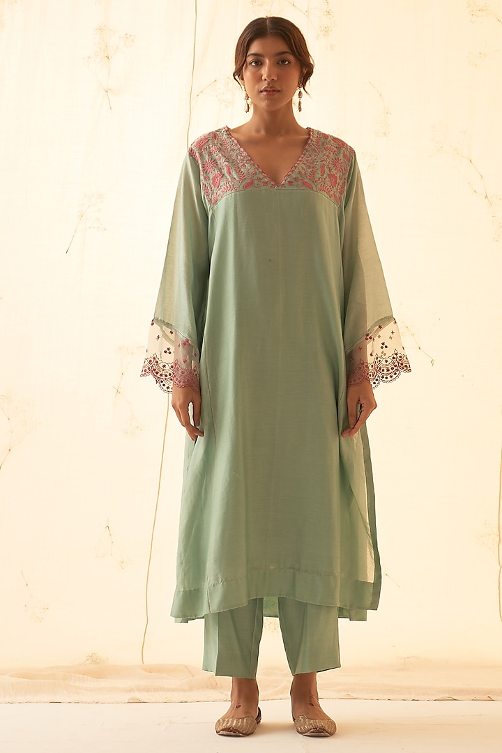 Aqua Blue Chanderi Hand Work Kurta Set by JANKI INDIA at Pernia's Pop Up Shop