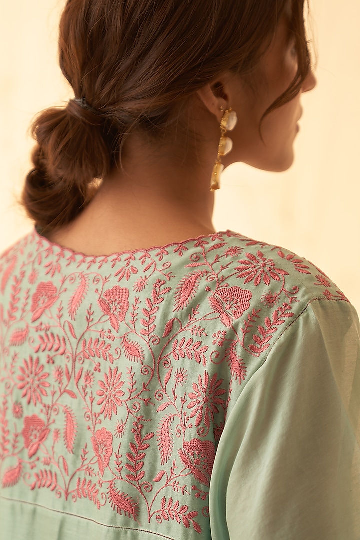 Aqua Blue Chanderi Hand Work Kurta Set by JANKI INDIA at Pernia's Pop Up Shop