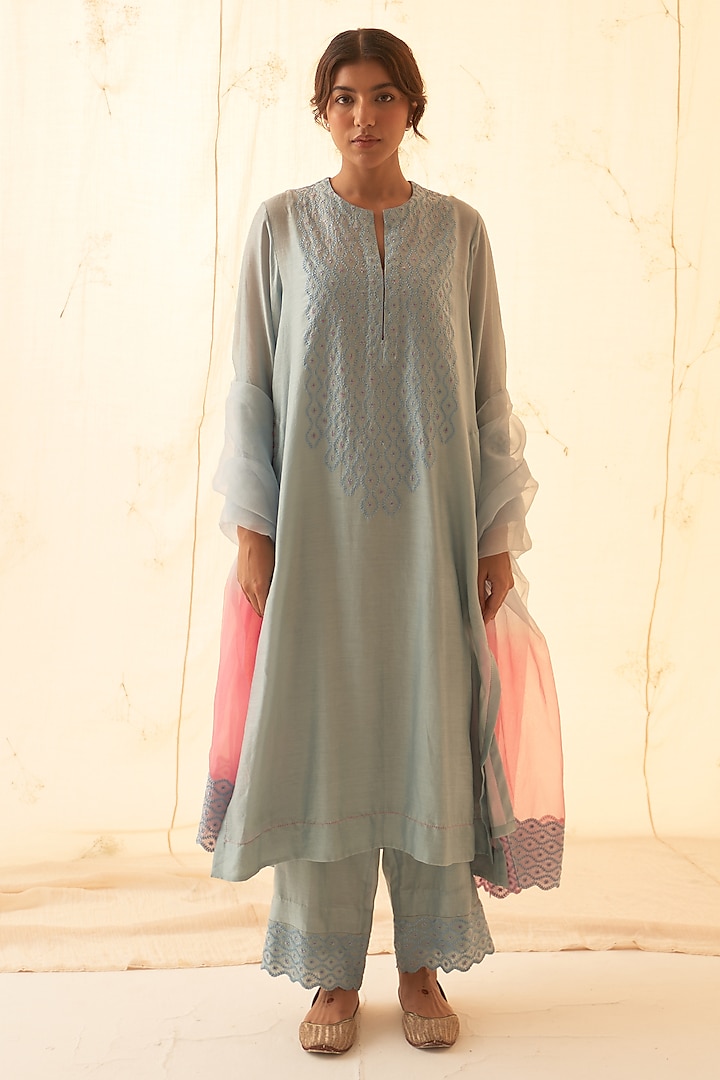 Ice Blue Chanderi Embroidered Kurta Set by JANKI INDIA at Pernia's Pop Up Shop