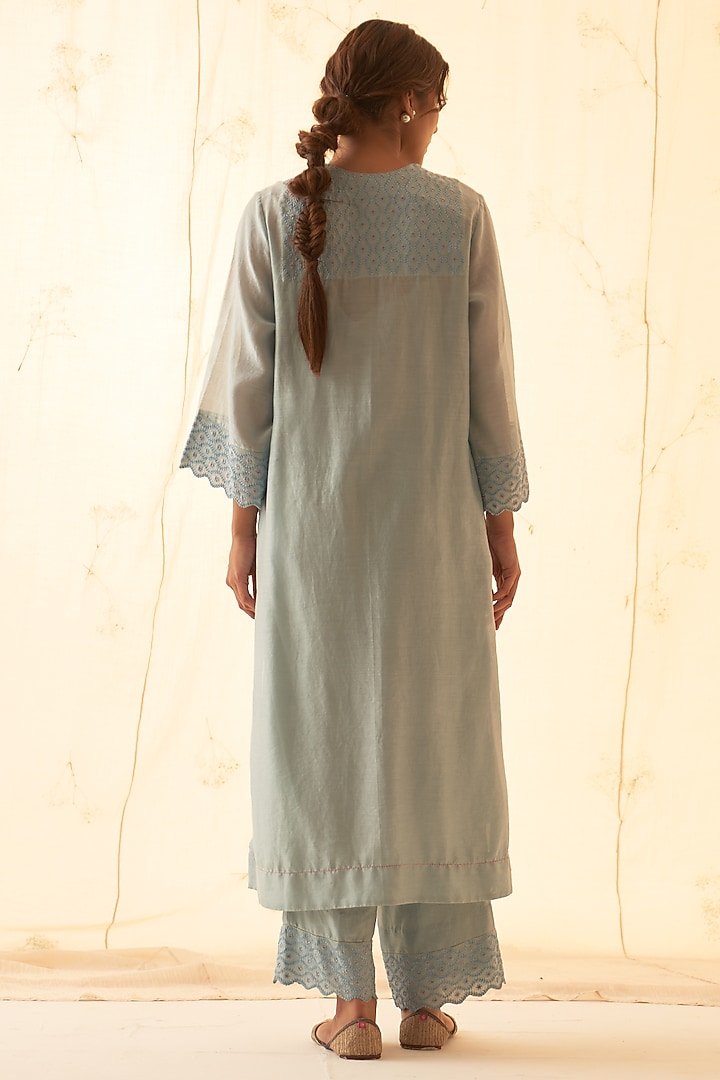 Ice Blue Chanderi Embroidered Kurta Set by JANKI INDIA at Pernia's Pop Up Shop