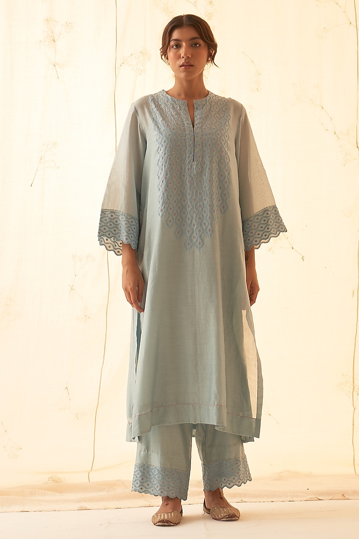 Ice Blue Chanderi Embroidered Kurta Set by JANKI INDIA at Pernia's Pop Up Shop