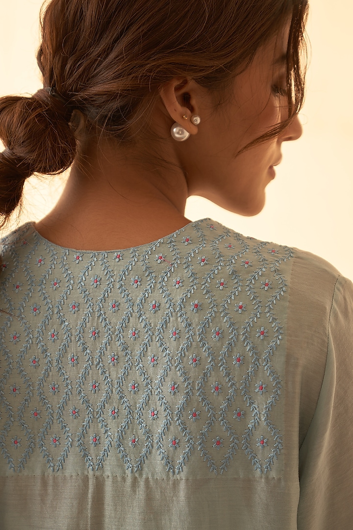 Ice Blue Chanderi Embroidered Kurta Set by JANKI INDIA at Pernia's Pop Up Shop