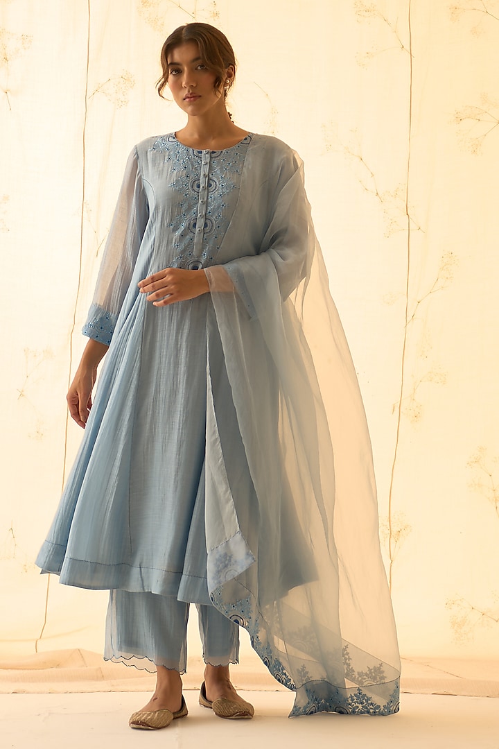 Ice Blue Chanderi Hand Work Kurta Set by JANKI INDIA at Pernia's Pop Up Shop