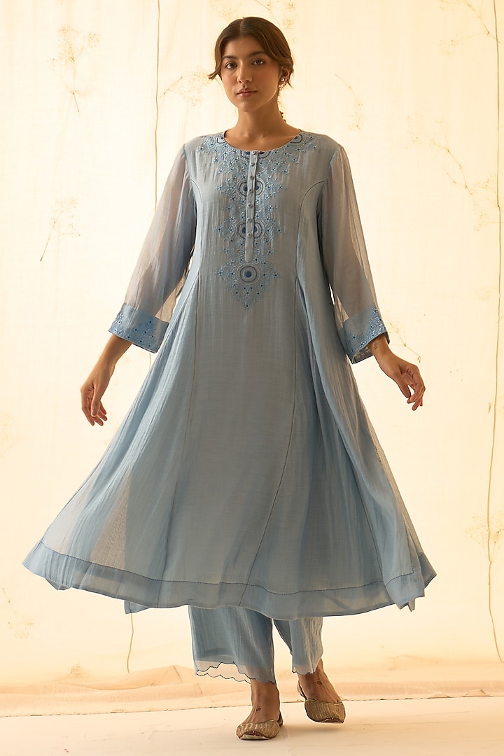 Ice Blue Chanderi Hand Work Kurta Set by JANKI INDIA at Pernia's Pop Up Shop