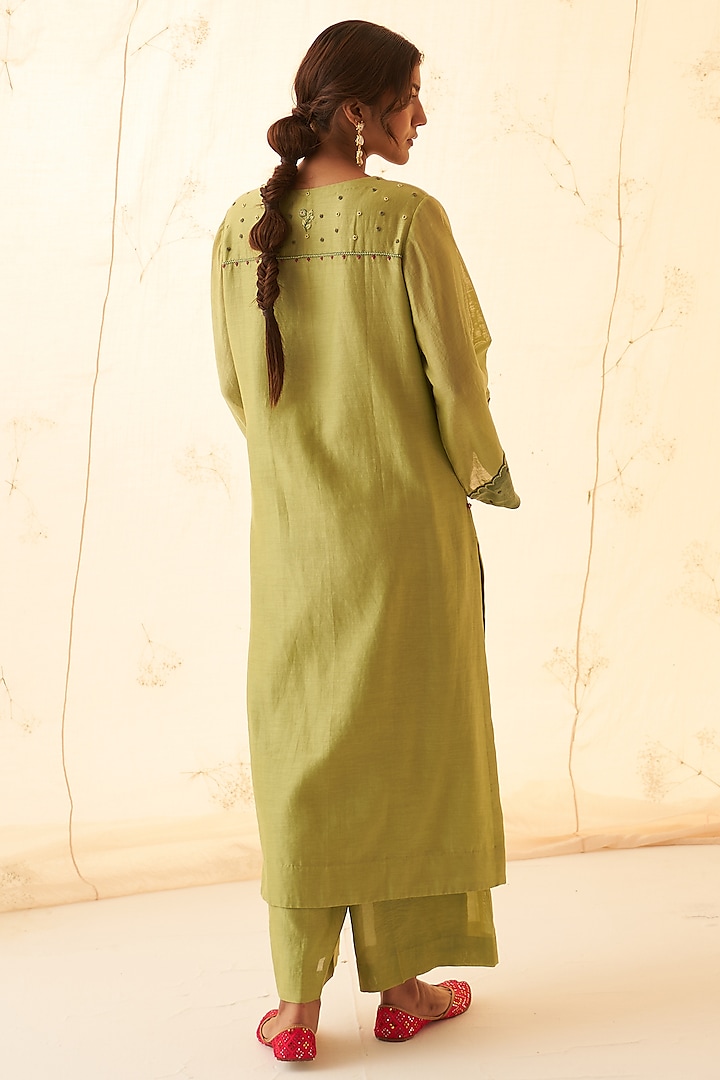 Lime Green Chanderi Hand Work Kurta Set by JANKI INDIA at Pernia's Pop Up Shop
