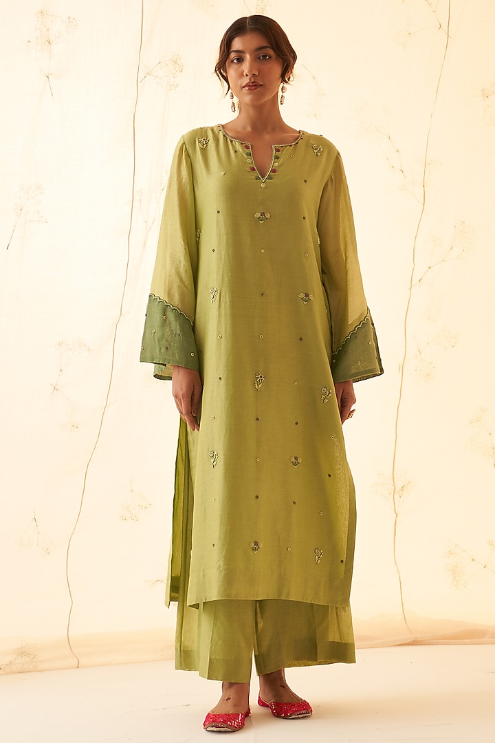 Lime Green Chanderi Hand Work Kurta Set by JANKI INDIA at Pernia's Pop Up Shop