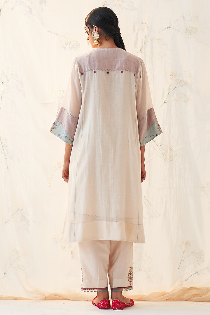 Ivory Chanderi Thread Hand Embroidered Kurta Set by JANKI INDIA at Pernia's Pop Up Shop