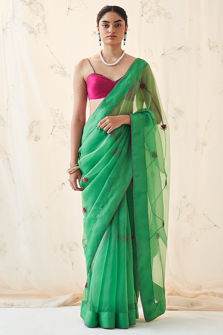 Emerald Green Pure Organza Resham Work Wedding Saree Set by JANKI INDIA at Pernia's Pop Up Shop