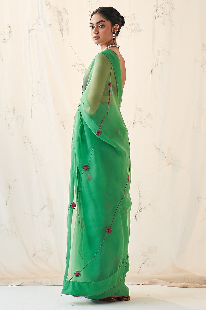 Emerald Green Pure Organza Resham Work Wedding Saree Set by JANKI INDIA at Pernia's Pop Up Shop