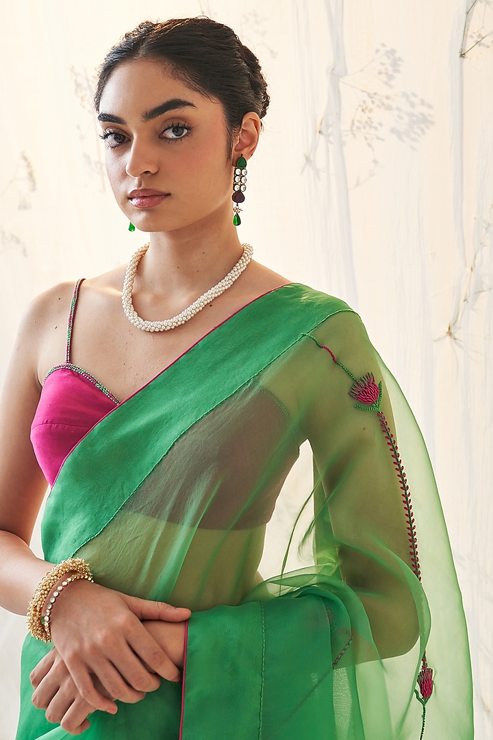 Emerald Green Pure Organza Resham Work Wedding Saree Set by JANKI INDIA at Pernia's Pop Up Shop