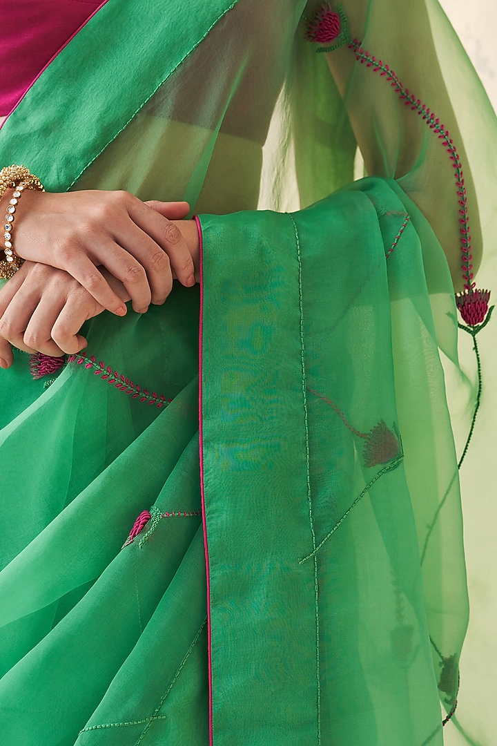 Emerald Green Pure Organza Resham Work Wedding Saree Set by JANKI INDIA at Pernia's Pop Up Shop