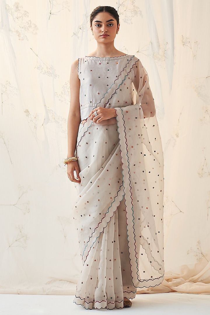 Ivory Organza Thread & Resham Embellished Wedding Saree Set by JANKI INDIA at Pernia's Pop Up Shop