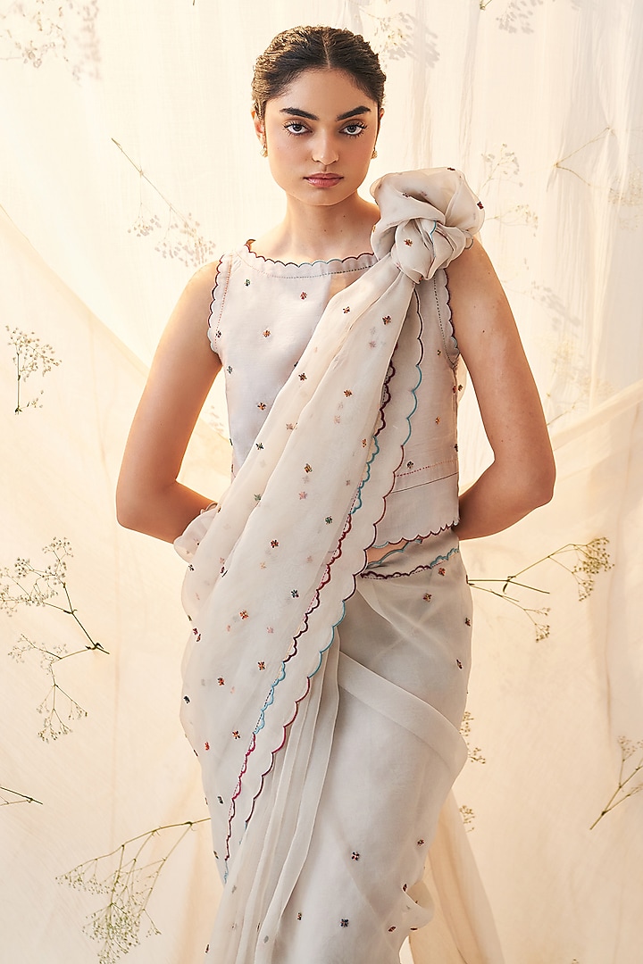 Ivory Organza Thread & Resham Embellished Wedding Saree Set by JANKI INDIA at Pernia's Pop Up Shop