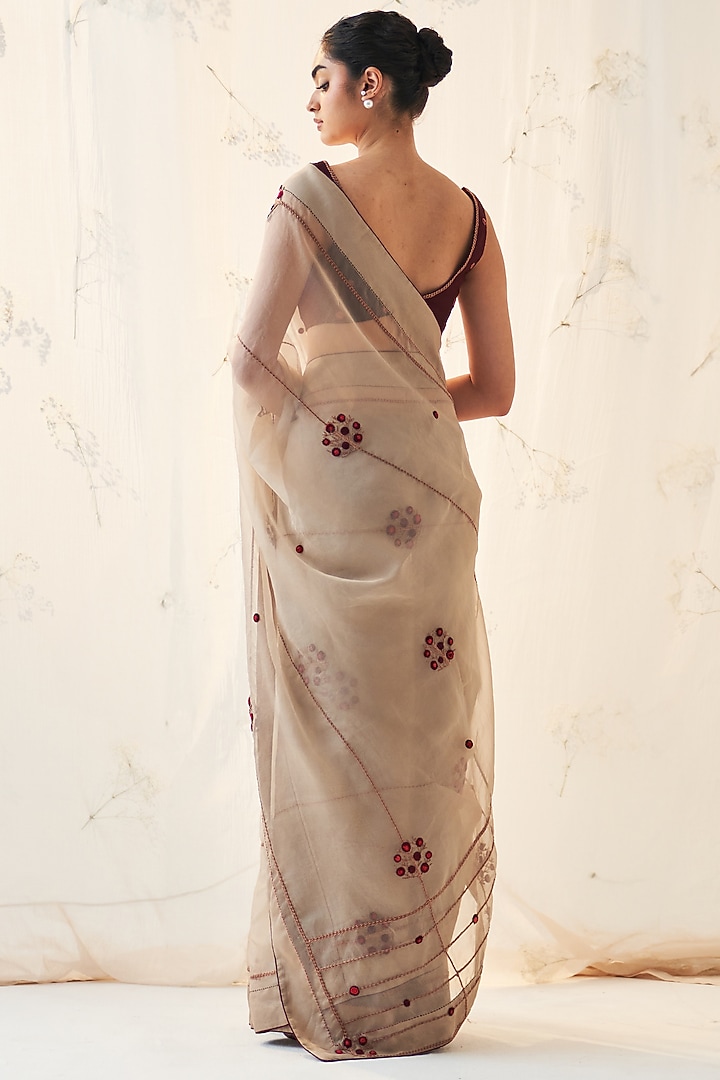 Champagne Gold Organza Resham Embroidered Wedding Saree Set by JANKI INDIA at Pernia's Pop Up Shop