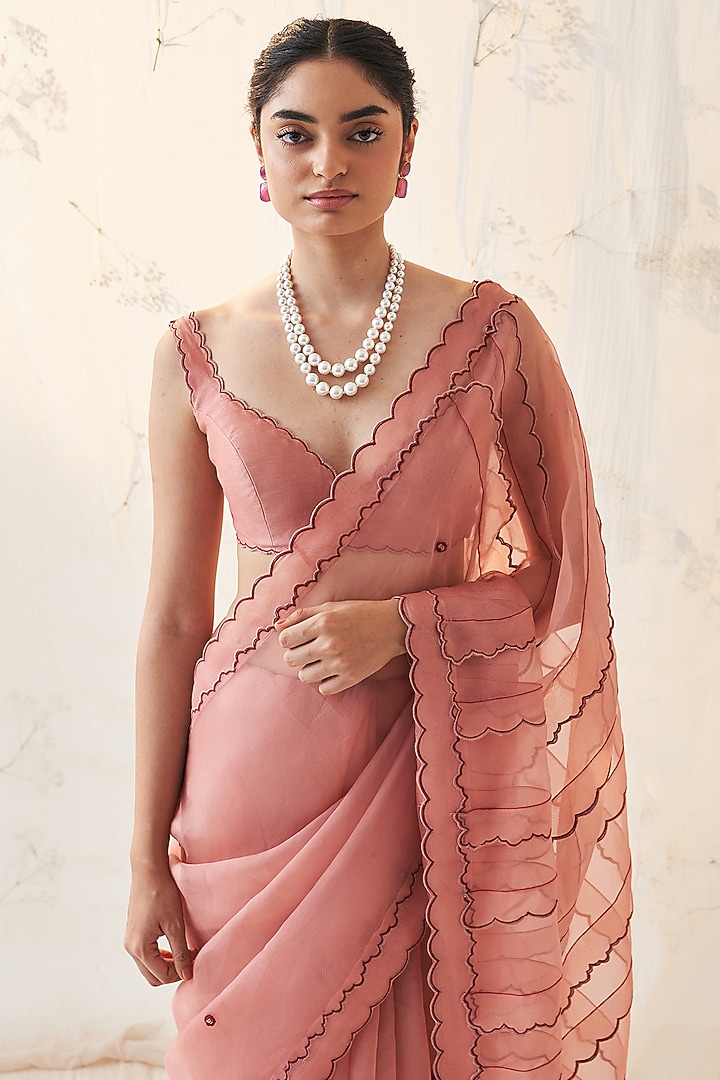 Peach Organza Jaal Embroidered Wedding Saree Set by JANKI INDIA at Pernia's Pop Up Shop