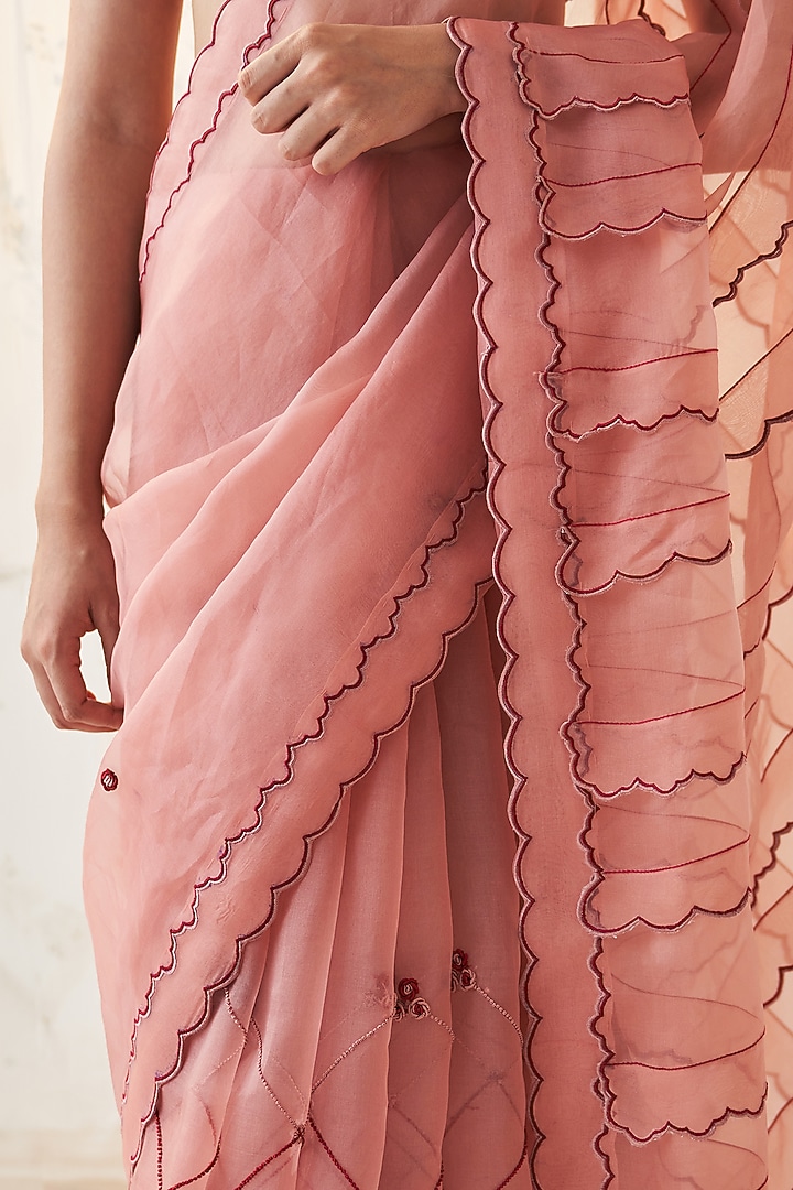 Peach Organza Jaal Embroidered Wedding Saree Set by JANKI INDIA at Pernia's Pop Up Shop