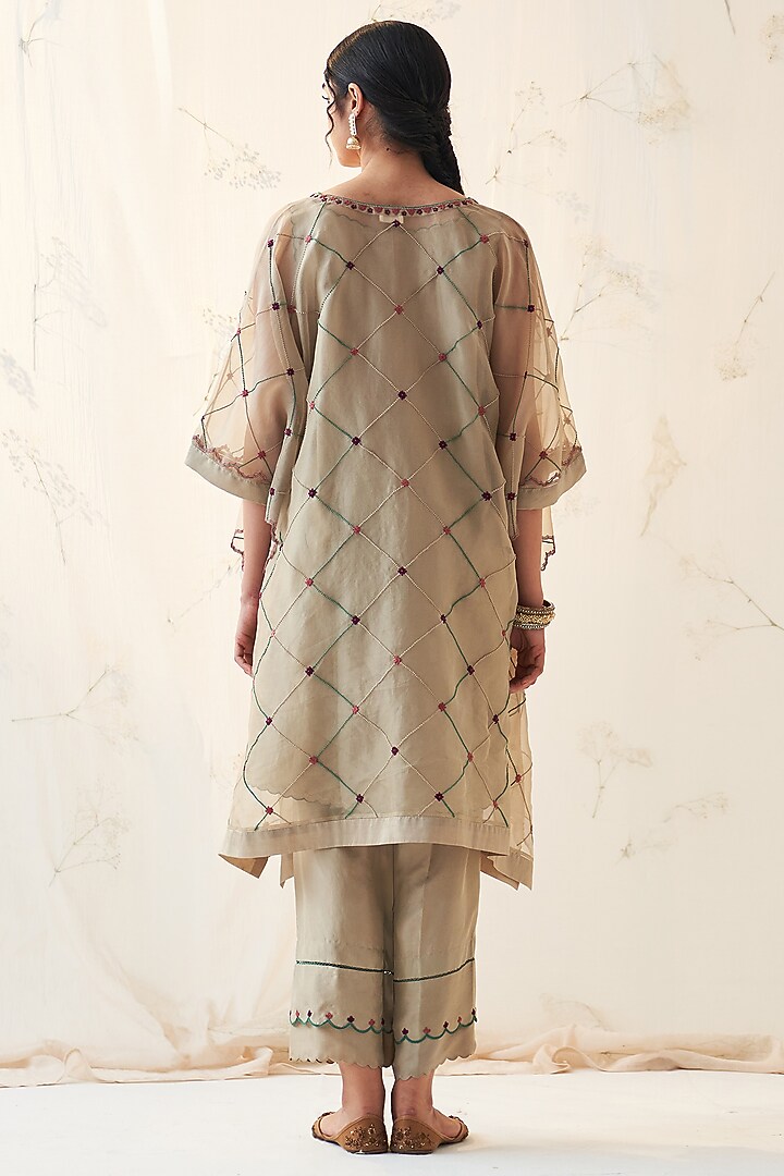 Olive Organza Thread & Jaal Work Kaftan Set by JANKI INDIA at Pernia's Pop Up Shop
