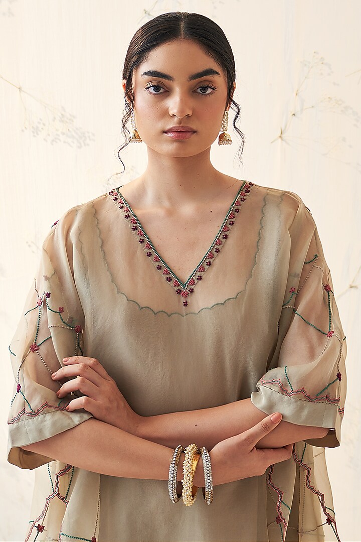 Olive Organza Thread & Jaal Work Kaftan Set by JANKI INDIA at Pernia's Pop Up Shop