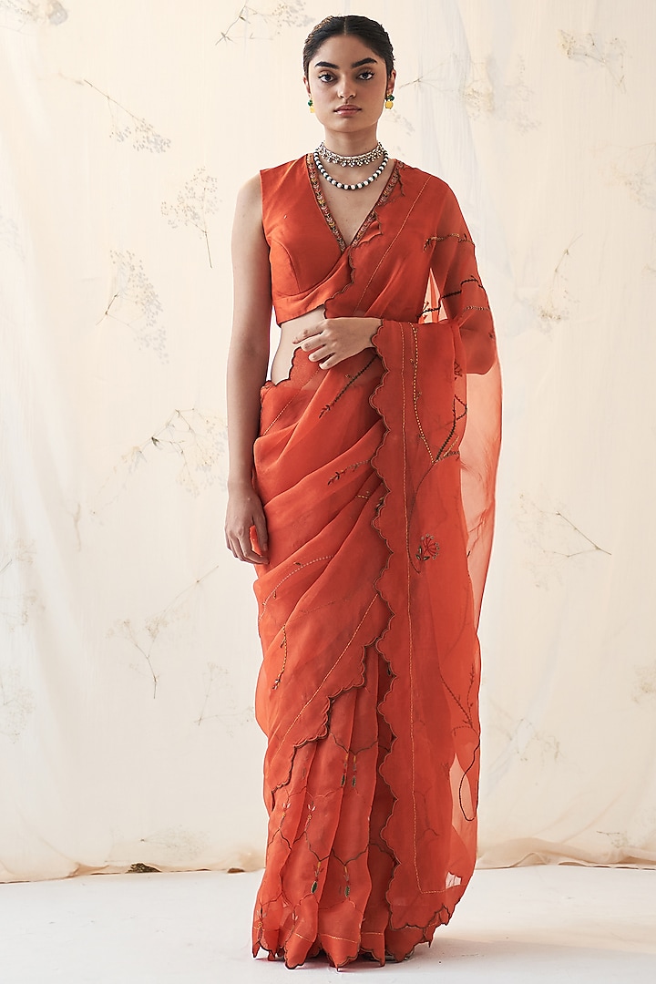 Deep Orange Chanderi Resham Work Wedding Saree Set by JANKI INDIA at Pernia's Pop Up Shop