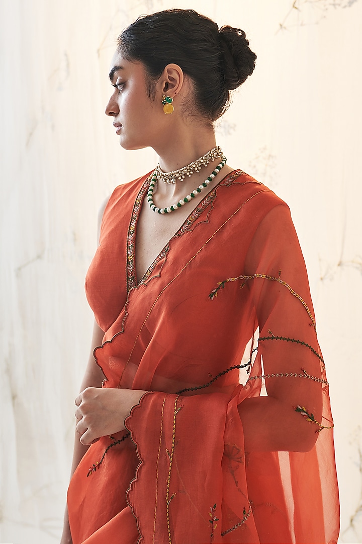 Deep Orange Chanderi Resham Work Wedding Saree Set by JANKI INDIA at Pernia's Pop Up Shop