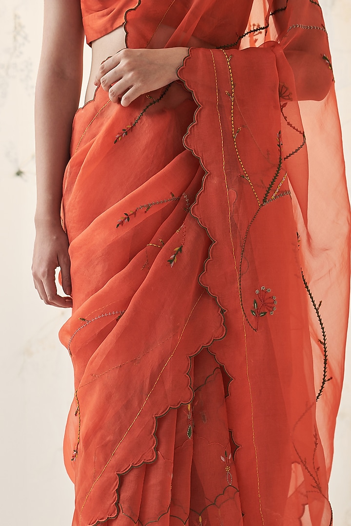 Deep Orange Chanderi Resham Work Wedding Saree Set by JANKI INDIA at Pernia's Pop Up Shop