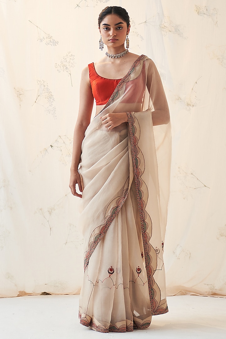 Champagne Gold Pure Organza Embroidered Wedding Saree Set by JANKI INDIA at Pernia's Pop Up Shop