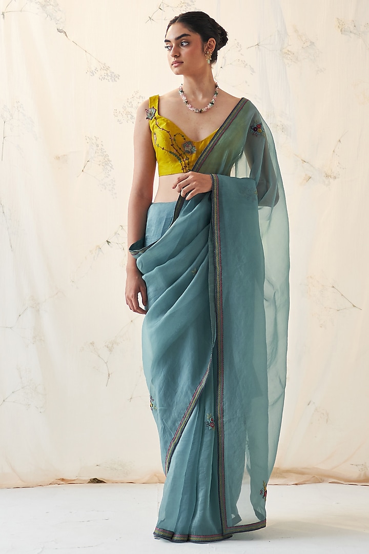 Teal Organza Hand Work Wedding Saree Set by JANKI INDIA at Pernia's Pop Up Shop