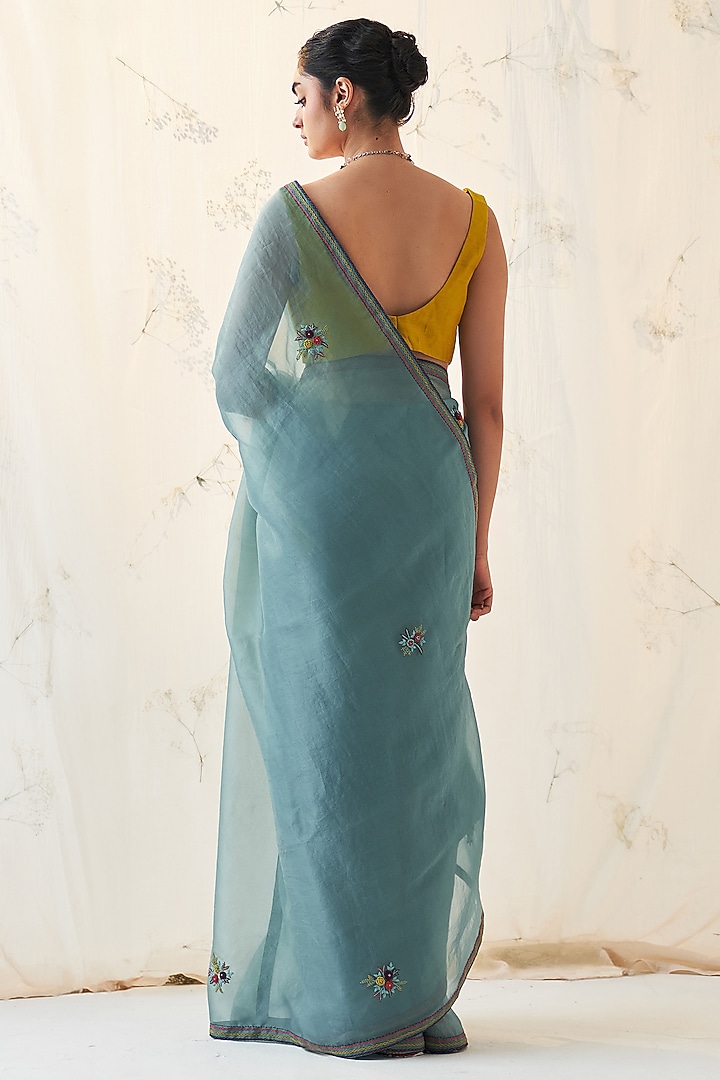 Teal Organza Hand Work Wedding Saree Set by JANKI INDIA at Pernia's Pop Up Shop