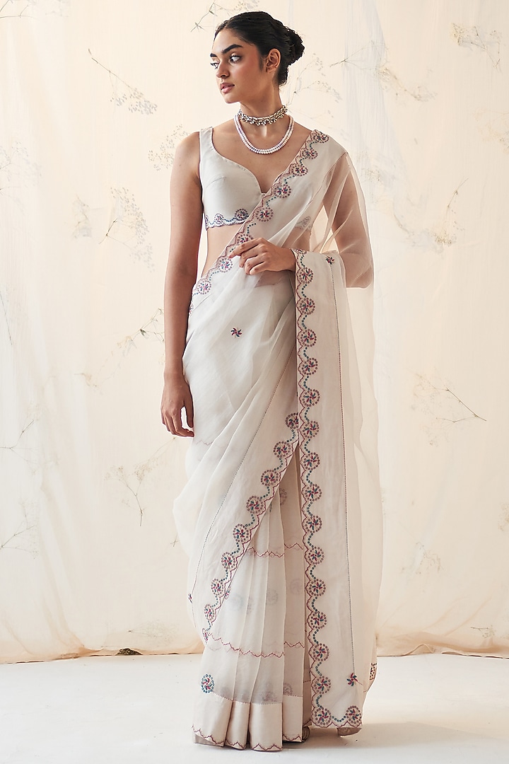 Ivory Chanderi & Pure Silk Thread Work Saree Set by JANKI INDIA at Pernia's Pop Up Shop