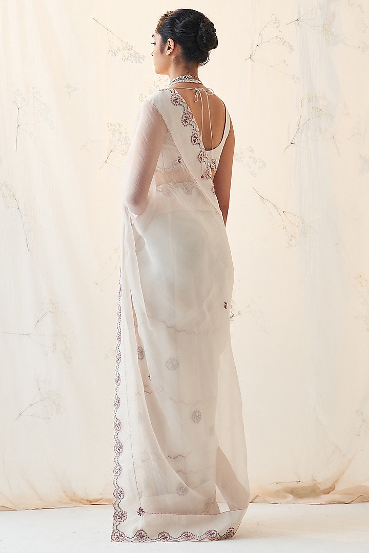 Ivory Chanderi & Pure Silk Thread Work Wedding Saree Set by JANKI INDIA at Pernia's Pop Up Shop