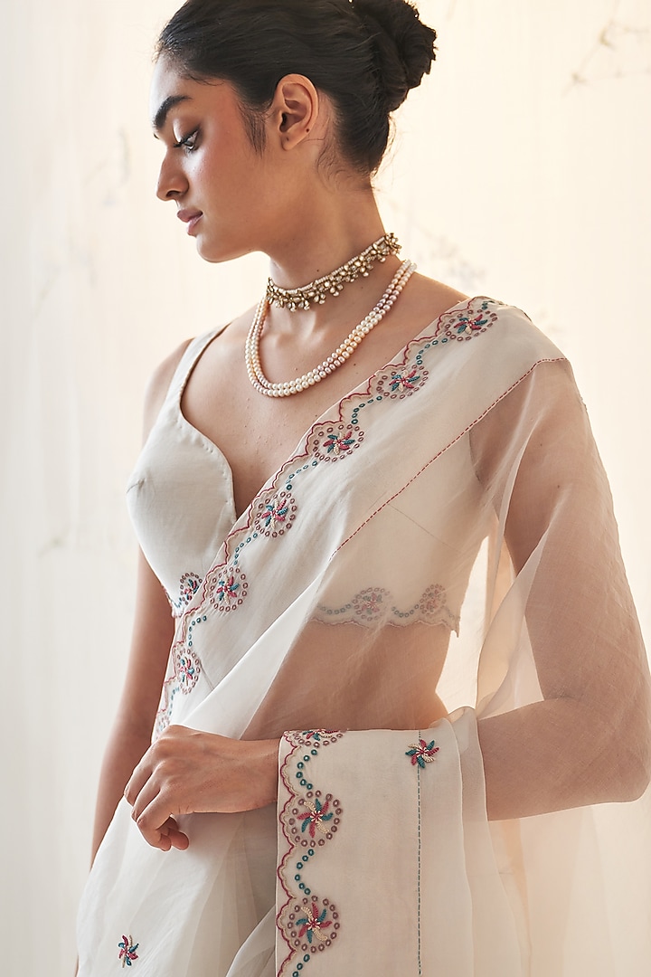 Ivory Chanderi & Pure Silk Thread Work Wedding Saree Set by JANKI INDIA at Pernia's Pop Up Shop