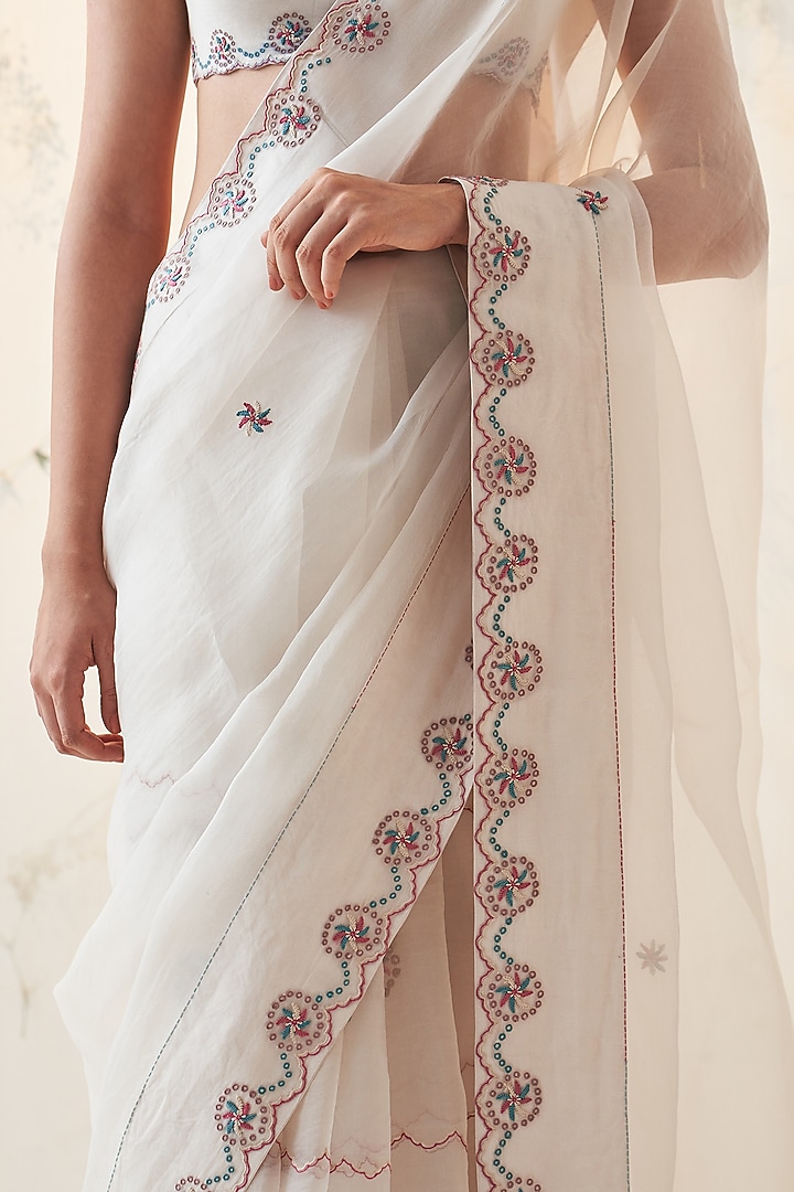 Ivory Chanderi & Pure Silk Thread Work Wedding Saree Set by JANKI INDIA at Pernia's Pop Up Shop