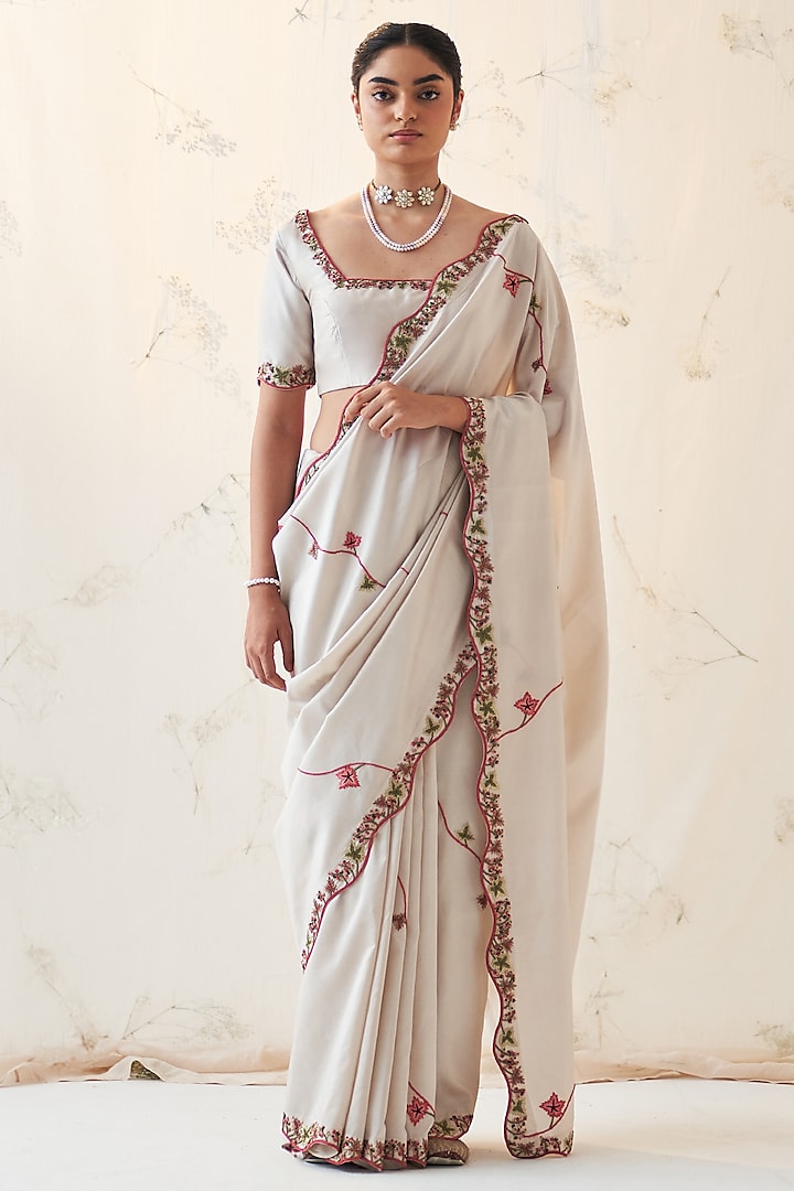 Ivory Pure Silk Embroidered Wedding Saree Set by JANKI INDIA at Pernia's Pop Up Shop
