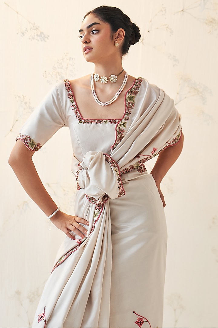 Ivory Pure Silk Embroidered Wedding Saree Set by JANKI INDIA at Pernia's Pop Up Shop